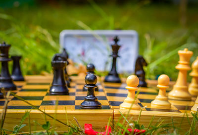 Close-up of chess pieces over board on grass