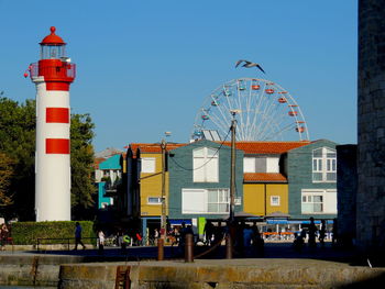 People on lighthouse against clear sky