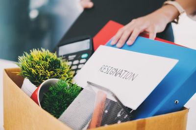 High angle view of text on book at table