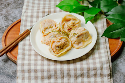 High angle view of food in plate on table