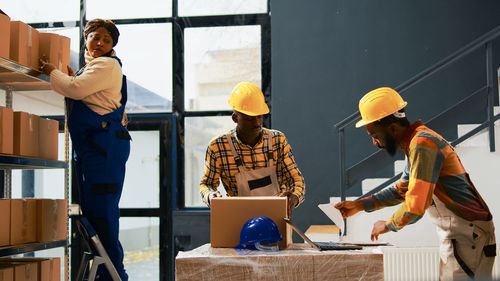 Side view of man working at home