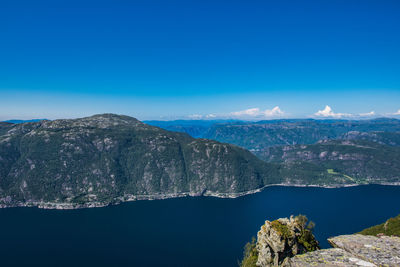 Scenic view of mountain against blue sky