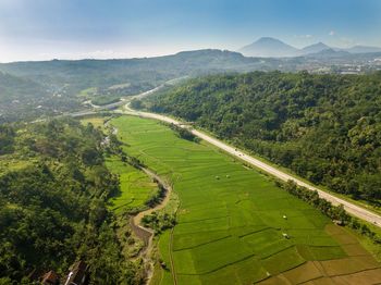 High angle view of agricultural field against sky