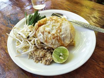 High angle view of meal served on table