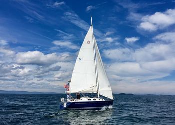 Men in sailboat at sea against blue sky