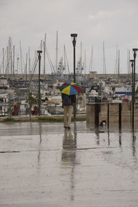 Reflection of man in puddle