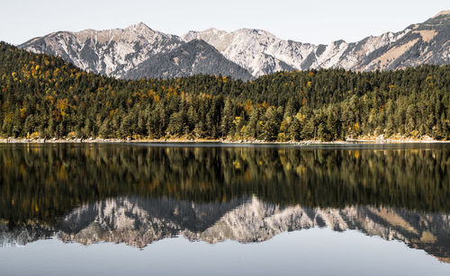 Reflection of trees in lake against sky