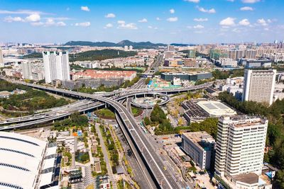 High angle view of cityscape against sky