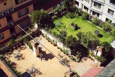 High angle view of swimming pool in city