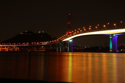 Illuminated bridge over river at night