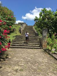 Rear view of people walking on stairs