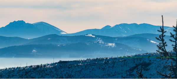 Scenic view of snowcapped mountains against sky