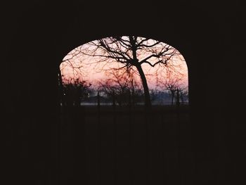 Silhouette of bare trees against sky at sunset