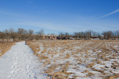 Scenic view of snow covered field against sky