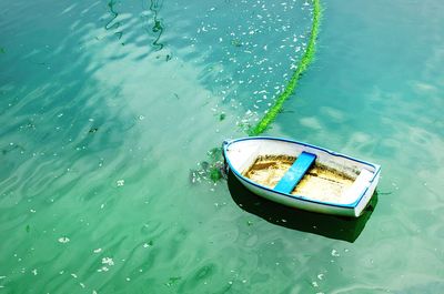 High angle view of boat moored in sea