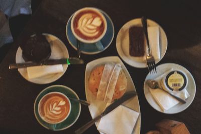 High angle view of breakfast on table