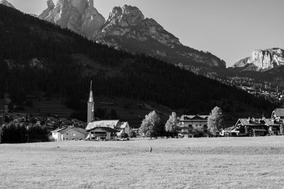 High angle view of townscape and mountains