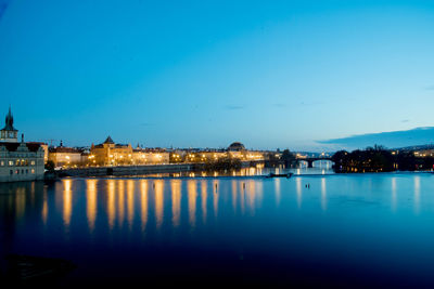Illuminated buildings by river against sky at dusk