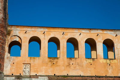 Low angle view of building against clear blue sky