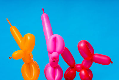 Directly above shot of colorful balloons against blue background