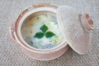 High angle view of soup in bowl on table