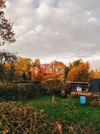 Trees and houses on field against sky during autumn