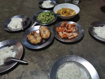 High angle view of food served on table