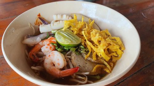 High angle view of food in bowl on table