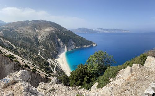 Scenic view of sea and mountains against sky