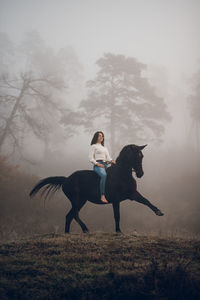 Woman riding horse in a field