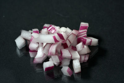 High angle view of chopped cake on table