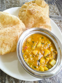 High angle view of breakfast served on table