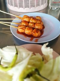 High angle view of food in plate on table