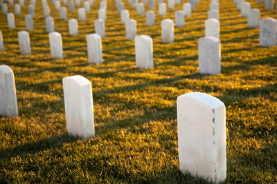 White cemetery on field. 