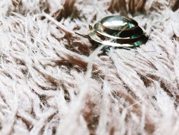 High angle view of wedding rings on metal