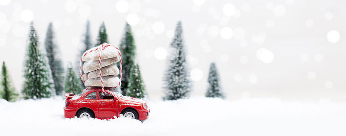 Christmas tree and toy car on snow