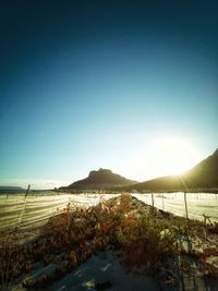 Scenic view of land against clear blue sky