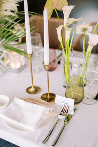 High angle view of christmas decorations on table