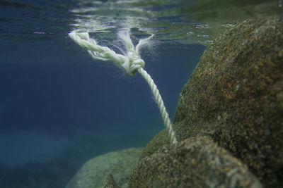 Close-up of rope by stone in sea