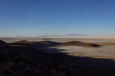 Scenic view of desert against clear blue sky