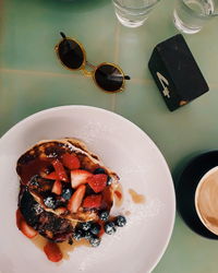High angle view of breakfast served on table
