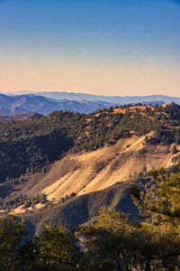 Scenic view of mountains against clear blue sky