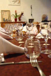 Glass of wine on table in restaurant