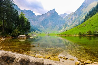 Scenic view of lake against cloudy sky