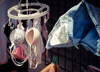 Close-up of clothes hanging on clothesline