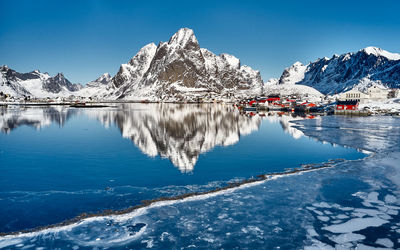 Scenic view of snowcapped mountains against blue sky and perfect reflection on still water.