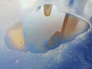 High angle view of reflection in water on table