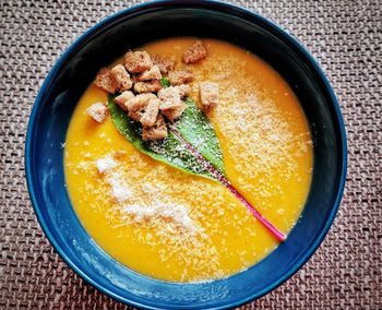 High angle view of soup in bowl