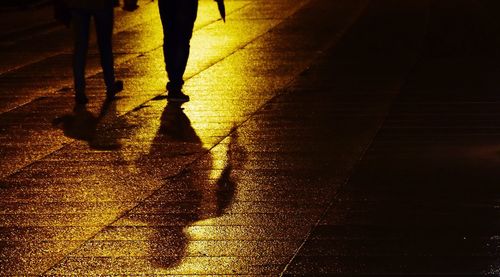 Low section of man standing on floor at sunset