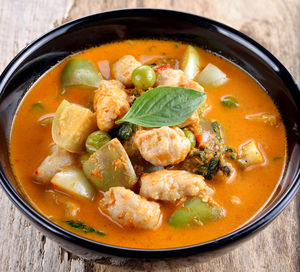 High angle view of soup in bowl on table